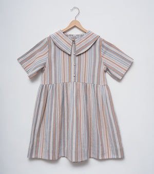 Beige Stripe Woven Cotton Dress for Girls