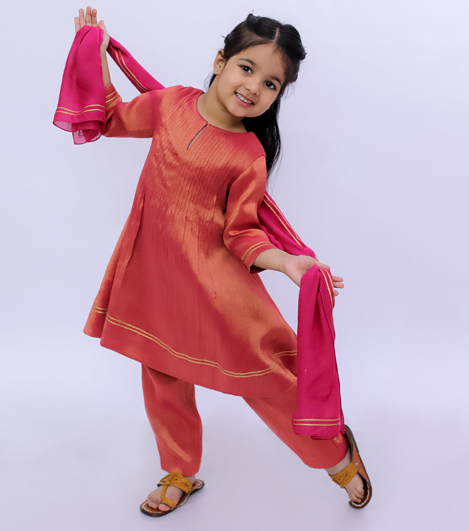 Coral Pleated Tissue A-line Gota Kurta Set with Pants & Dupatta for Girls