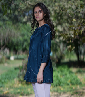 Blue Printed Cotton Silk Top