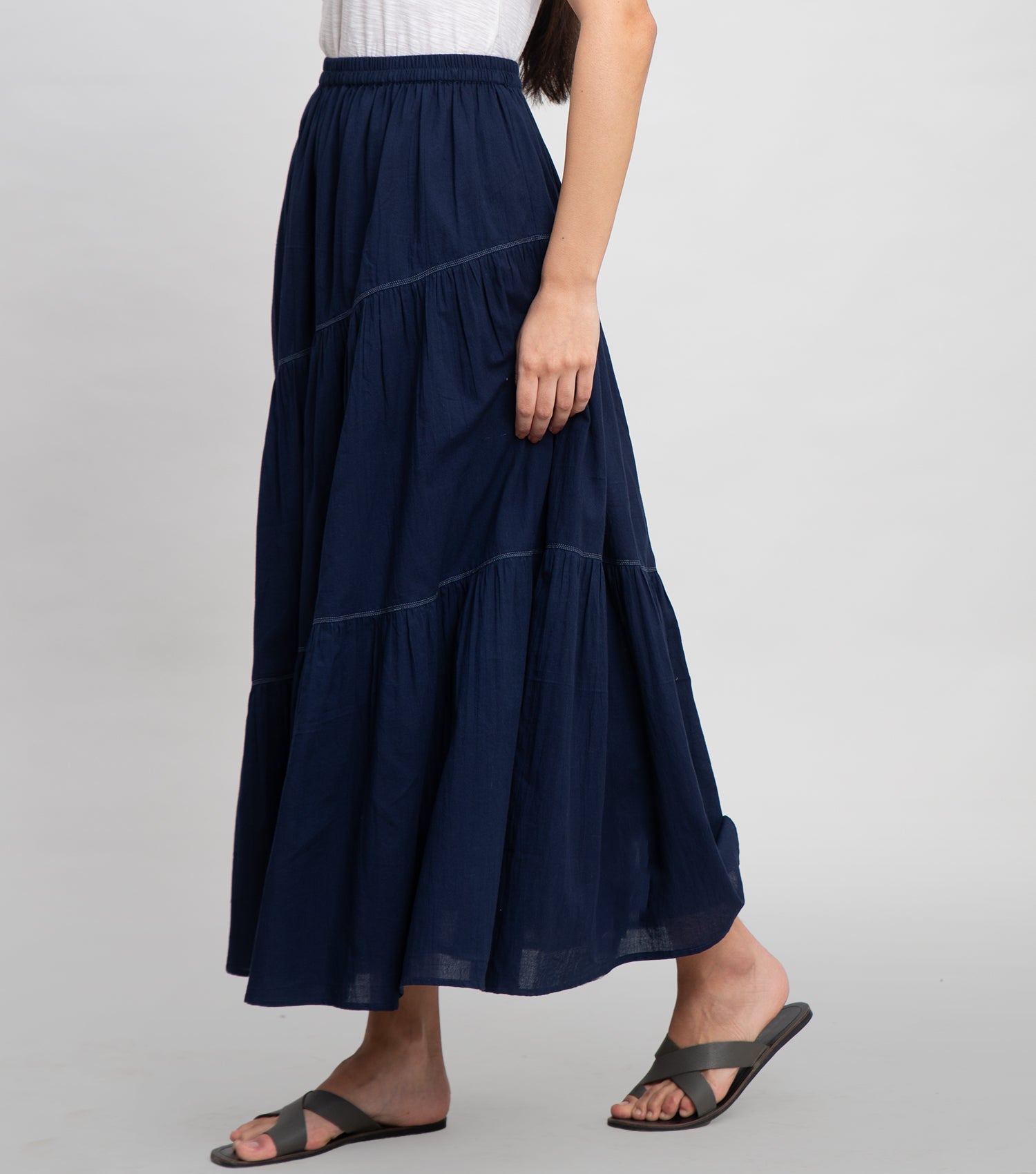Navy Cotton Skirt with Thread Stitch Line Detail