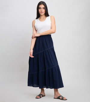 Navy Cotton Skirt with Thread Stitch Line Detail
