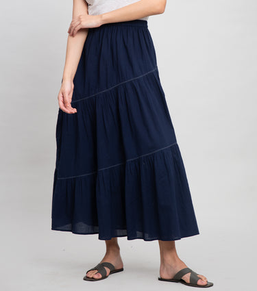 Navy Cotton Skirt with Thread Stitch Line Detail