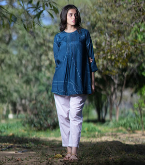 Blue Printed Cotton Silk Top