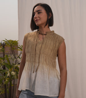 Beige & Ivory Ombré Cotton Linen Gathered Top