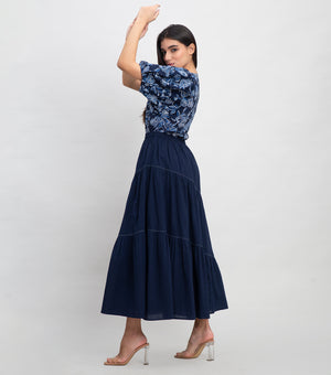 Navy Cotton Printed Top with Balloon Sleeve & Stitch line on Neck