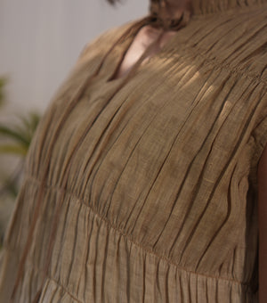 Beige & Ivory Ombré Cotton Linen Gathered Top