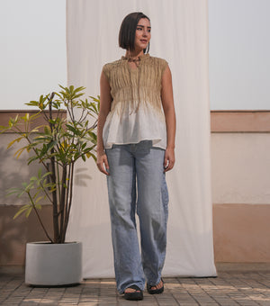 Beige & Ivory Ombré Cotton Linen Gathered Top