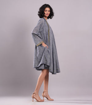 Blue Woven Cotton Cape Dress with Slip