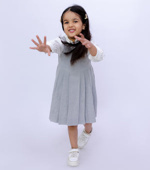 Grey Wool Pleated Dress with White Shirt Set