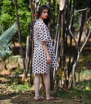 Ivory Black Polka Dot Printed Cotton Kaftan