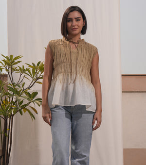 Beige & Ivory Ombré Cotton Linen Gathered Top