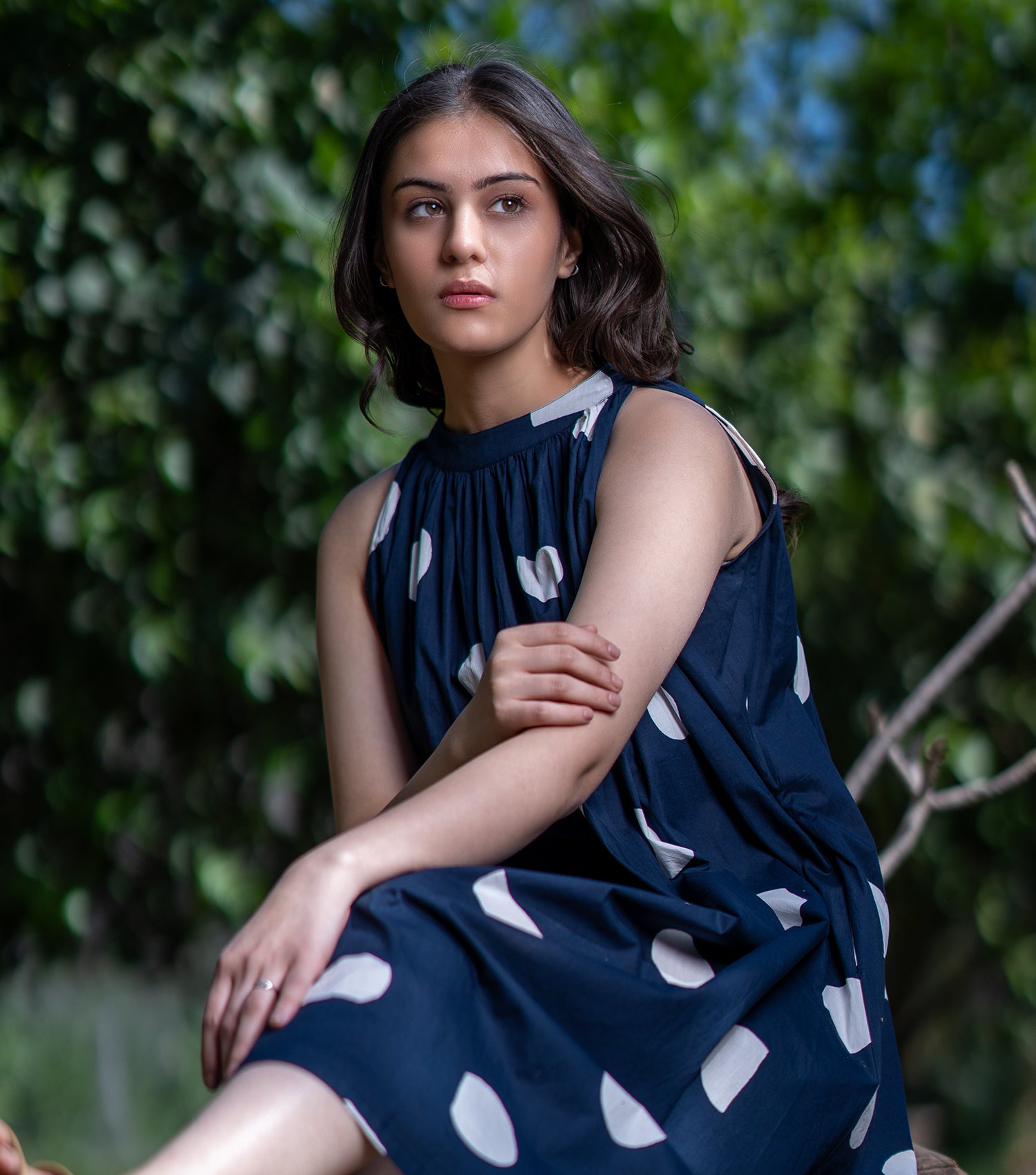 Navy Polka Dot Printed Poplin Dress