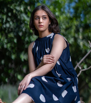 Navy and White Polka Dot Printed Poplin Dress