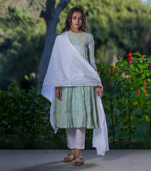 Multi Color Printed Crinkled Cotton Kurta With Dupatta Set of 2