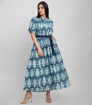 Aqua Blue Cotton Printed Maxi with Belt & Double Needle Stitch Line