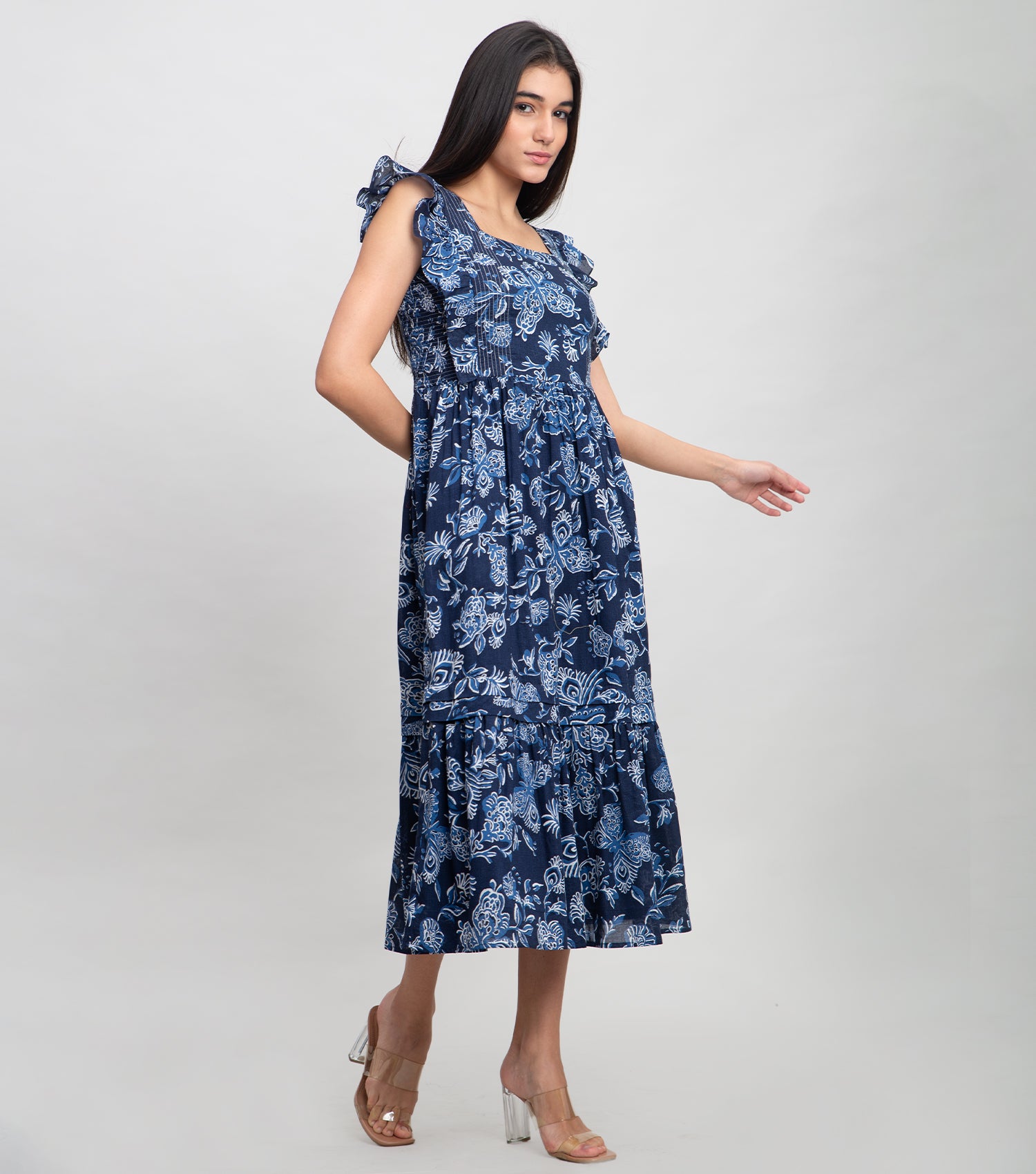 Navy Cotton Printed Midi Dress with Smocking & Stitch line