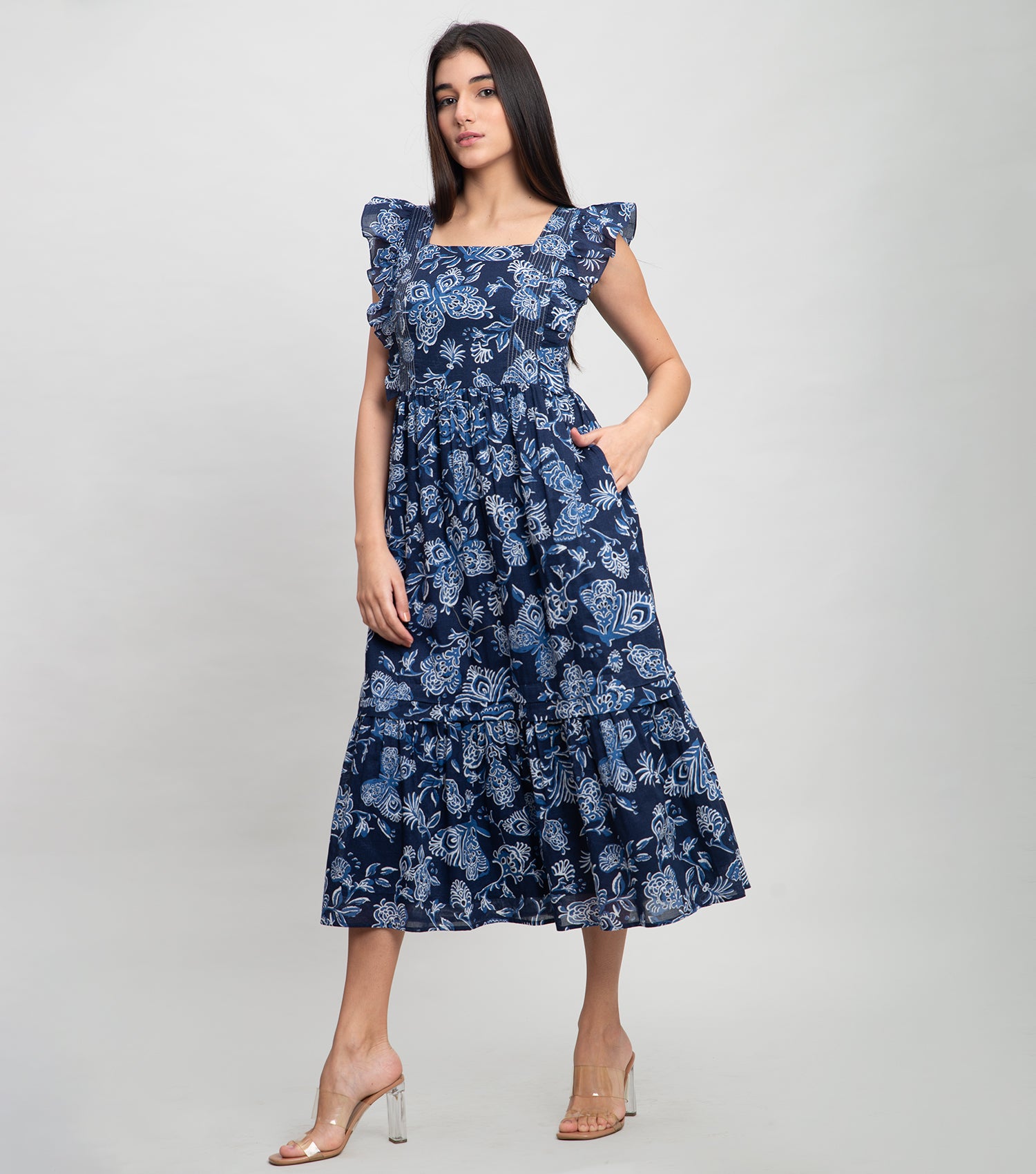 Navy Cotton Printed Midi Dress with Smocking & Stitch line