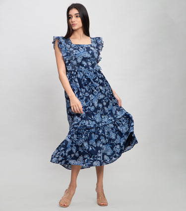 Navy Cotton Printed Midi Dress with Smocking & Stitch line