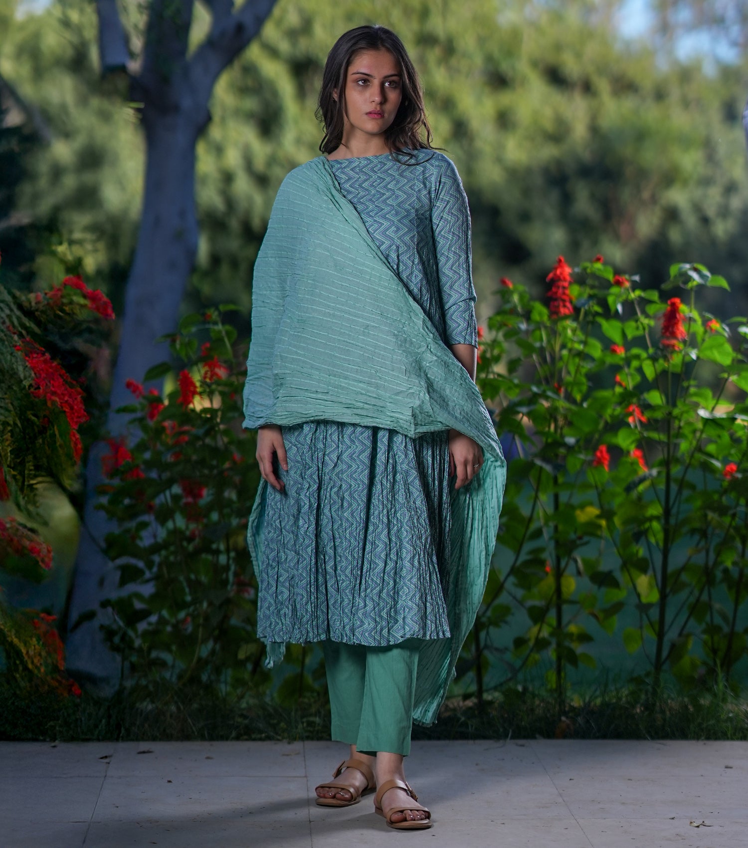 Green Printed Cotton Kurta With Dupatta Set of 2