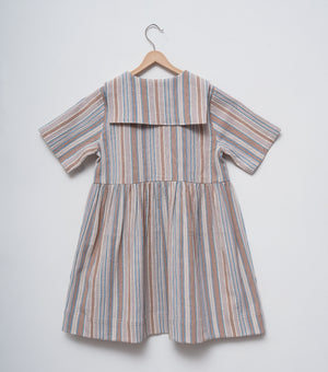 Beige Stripe Woven Cotton Dress for Girls