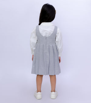 Grey Wool Pleated Dress with White Shirt Set