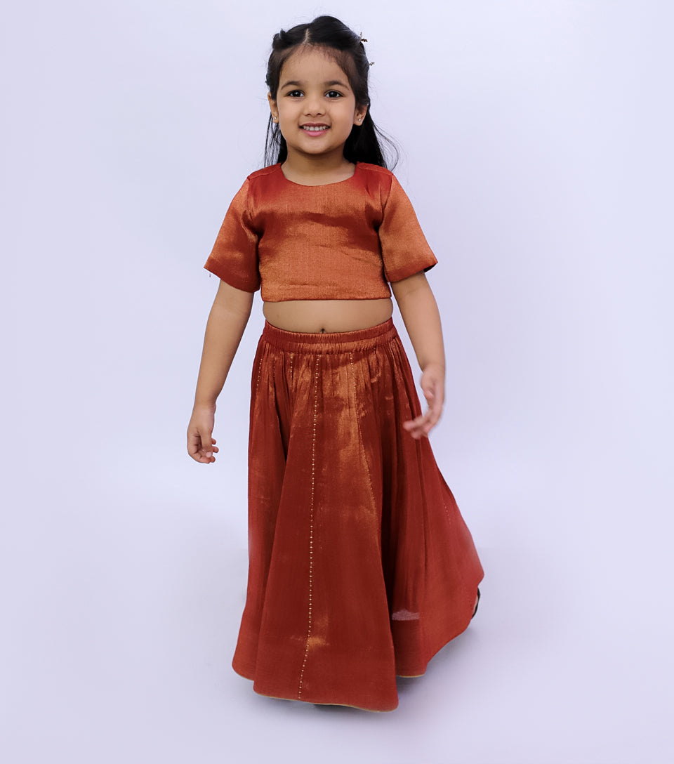 Rusty Orange Tissue Lehenga Set with Blouse & Dupatta for Girls