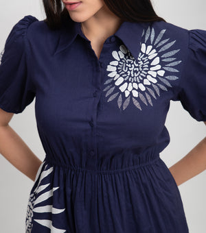 Navy Cotton Mini Dress with Patch work & Thread Embroidery