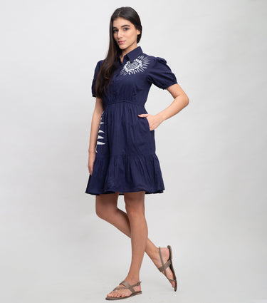 Navy Cotton Mini Dress with Patch work & Thread Embroidery