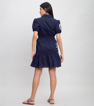 Navy Cotton Mini Dress with Patch work & Thread Embroidery