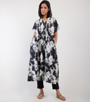BLACK PRINTED COTTON KURTA WITH PINTUCK DETAILING