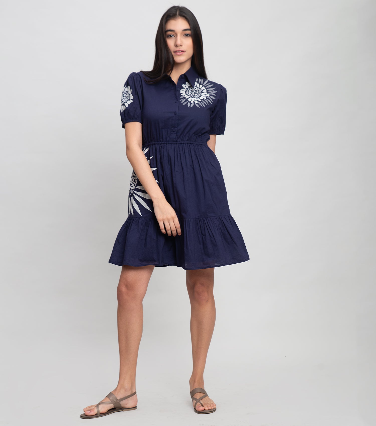 Navy Cotton Mini Dress with Patch work & Thread Embroidery