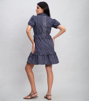 Navy Cotton Printed Mini Dress With Pleated Yoke