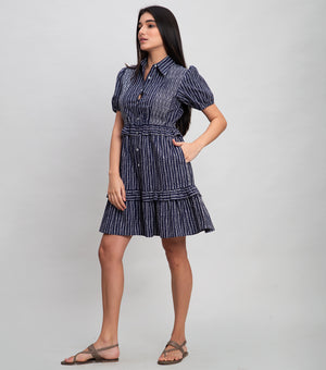 Navy Cotton Printed Mini Dress With Pleated Yoke