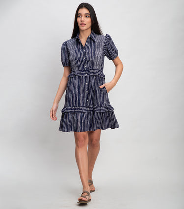 Navy Cotton Printed Mini Dress With Pleated Yoke