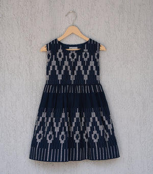 Navy Woven Design Cotton Dress for Girls