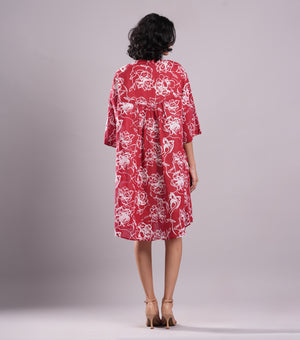 Red Printed Cotton Free Size Dress with Slip