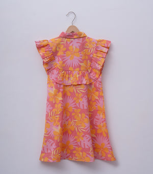 Peach Orange Cotton Printed Dress for Girls