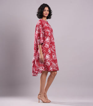 Red Printed Cotton Free Size Dress with Slip