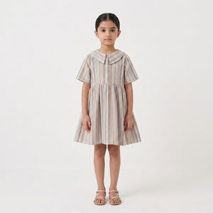 Beige Stripe Woven Cotton Dress for Girls