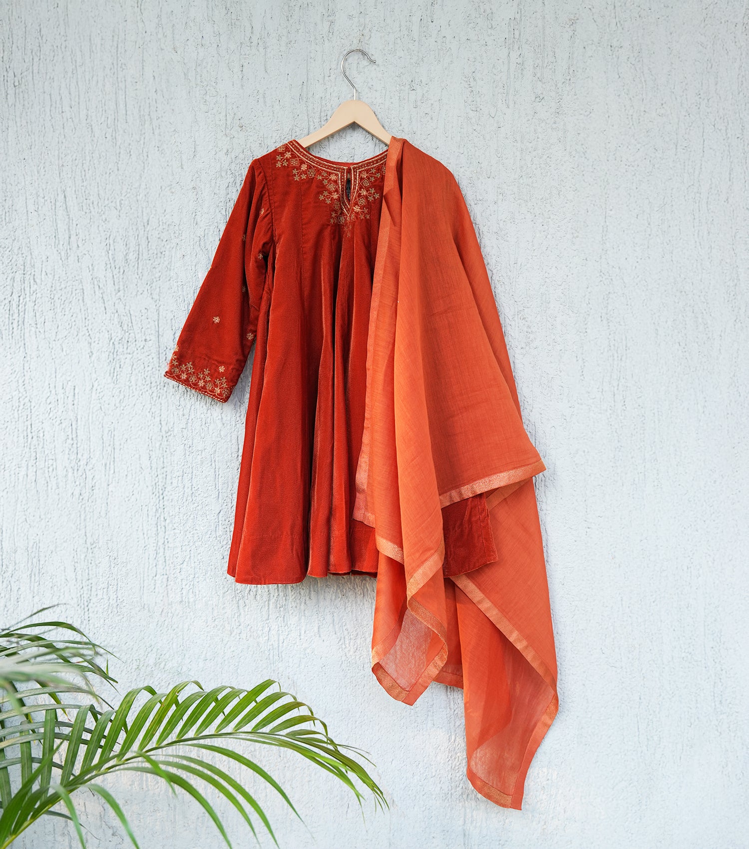 Rusty Orange Embroidered Velvet A-line Kurta Set with Pants & Dupatta for Girls