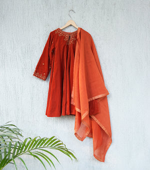 Rusty Orange Embroidered Velvet A-line Kurta Set with Pants & Dupatta for Girls