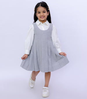 Grey Wool Pleated Dress with White Shirt Set