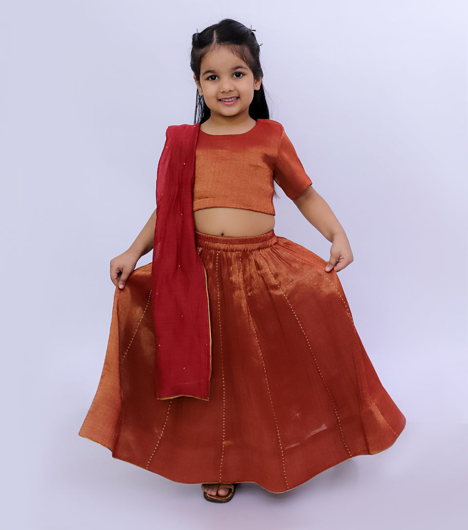 Rusty Orange Tissue Lehenga Set with Blouse & Dupatta for Girls