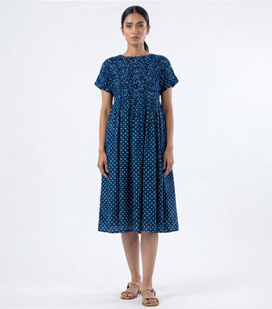 Indigo Dot Gathered Dress