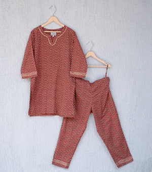 Maroon Printed Cotton Kurta & Pants Set For Girls