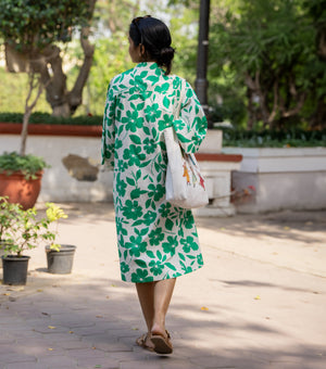Green Floral Printed Cotton Shirt Dress