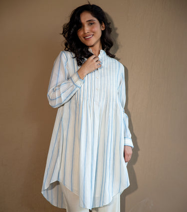 BLUE STRIPED WOVEN COTTON PINTUCK TUNIC