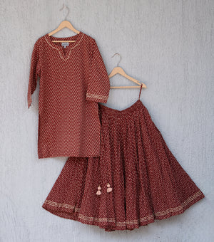 Maroon Printed Cotton Kurta & Skirt Set For Girls