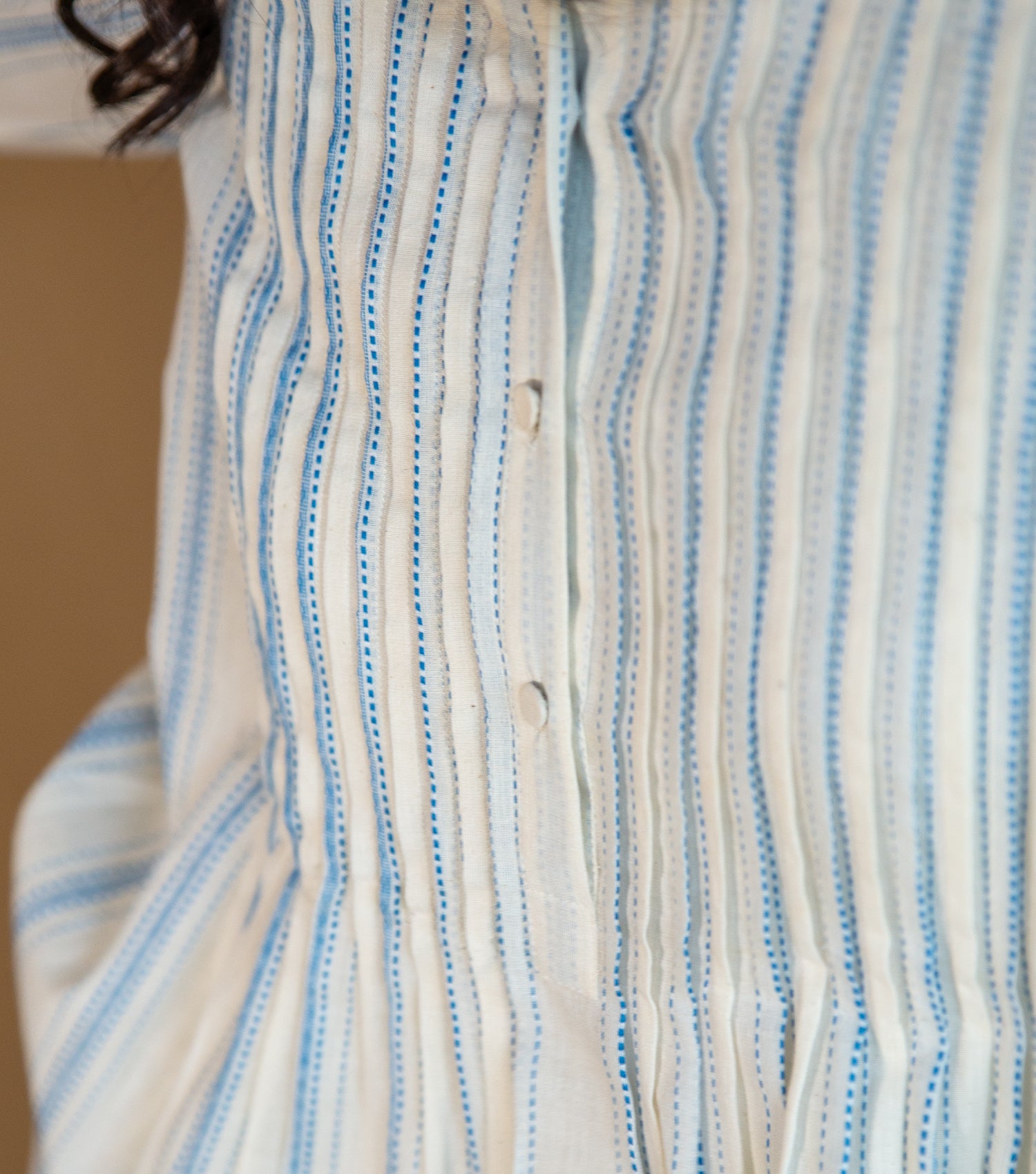 BLUE STRIPED WOVEN COTTON PINTUCK TUNIC