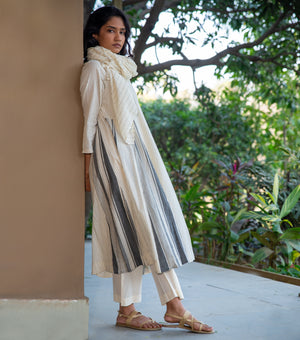 WOVEN COTTON PANELLED KURTA SET WITH PANTS & SCARF